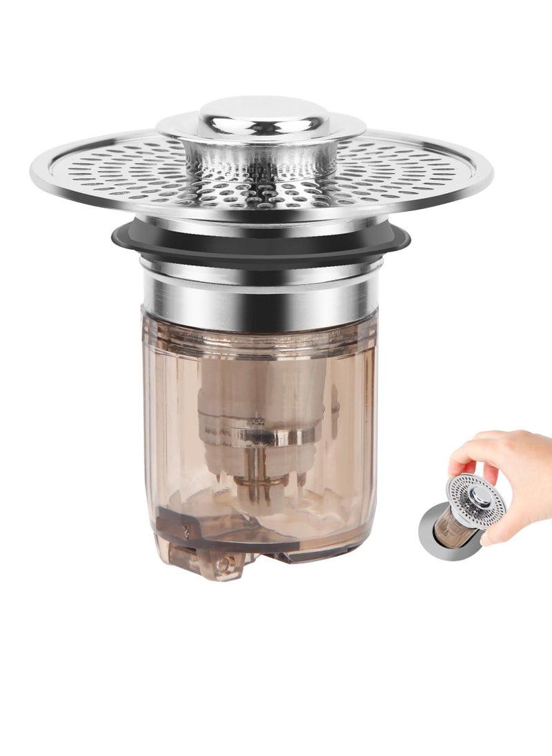 Bathroom Sink Stopper and Sink Drain Strainer 2 in 1 Catches Hair and Debris Suitable for 1.34~1.46'' Drainage Holes, Sink Drain Stopper Easy to Install Say Goodbye to Clogged Drain, Silver