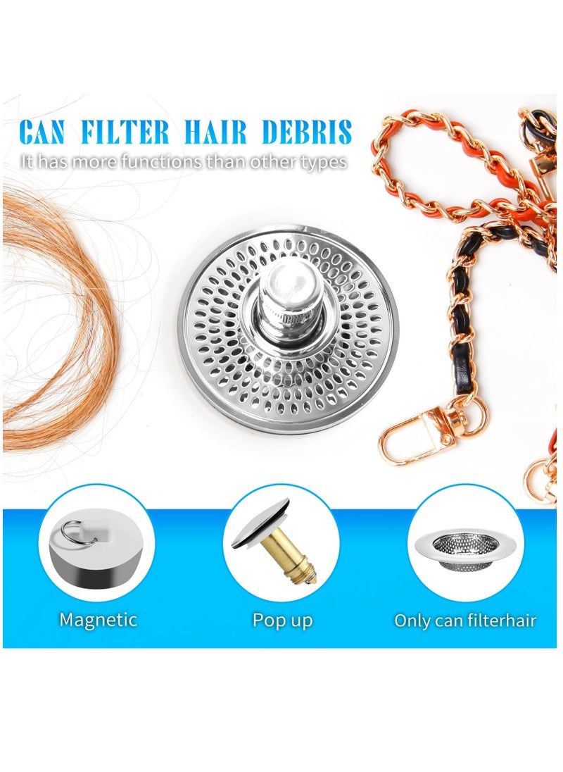 Bathroom Sink Stopper and Sink Drain Strainer 2 in 1 Catches Hair and Debris Suitable for 1.34~1.46'' Drainage Holes, Sink Drain Stopper Easy to Install Say Goodbye to Clogged Drain, Silver