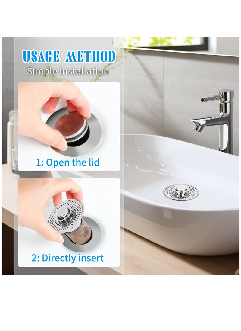 Bathroom Sink Stopper and Sink Drain Strainer 2 in 1 Catches Hair and Debris Suitable for 1.34~1.46'' Drainage Holes, Sink Drain Stopper Easy to Install Say Goodbye to Clogged Drain, Silver
