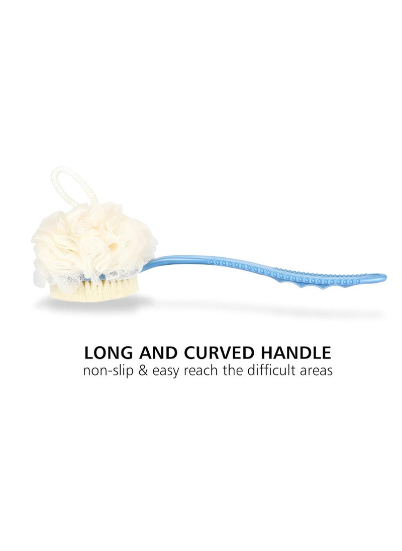 Shower Body Brush with Bristles and Loofah,Back Scrubber Bath Mesh Sponge with Curved Long Handle for Skin Exfoliating Bath, Massage Bristles Suitable for Wet or Dry, Men and Women (Blue)
