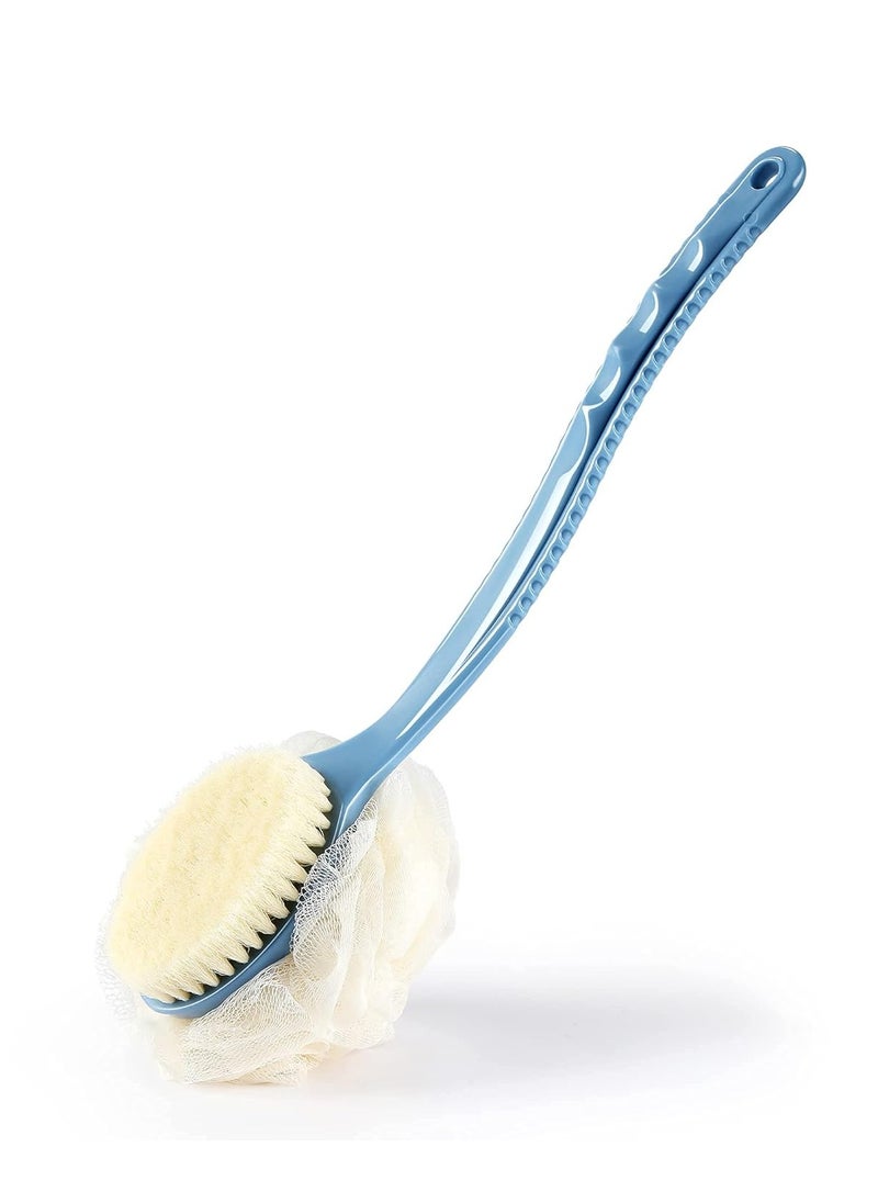 Shower Body Brush with Bristles and Loofah,Back Scrubber Bath Mesh Sponge with Curved Long Handle for Skin Exfoliating Bath, Massage Bristles Suitable for Wet or Dry, Men and Women (Blue)