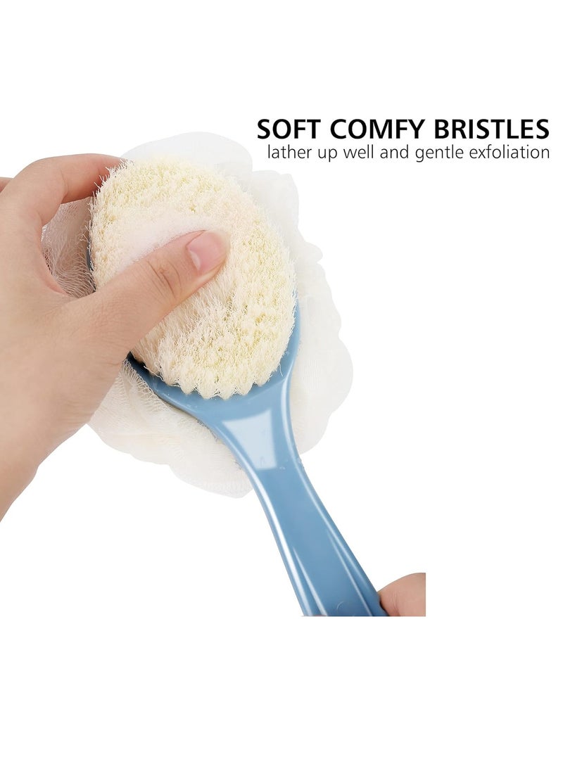 Shower Body Brush with Bristles and Loofah,Back Scrubber Bath Mesh Sponge with Curved Long Handle for Skin Exfoliating Bath, Massage Bristles Suitable for Wet or Dry, Men and Women (Blue)