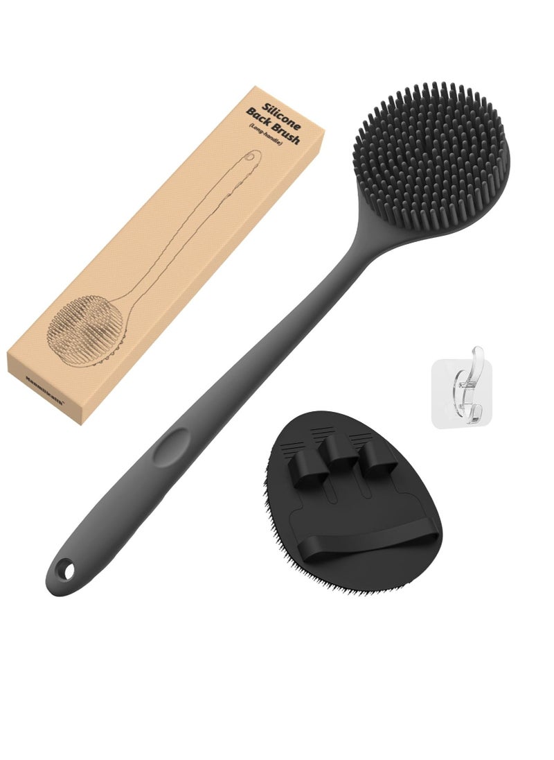 Manmihealth Silicone Back Scrubber(Thick Bristles) & Soft Bath Glove Set, Super-Exfoliating Body Scrubber & Super-Lathering Shower Brush Combination, with a Free Hook.(Black)