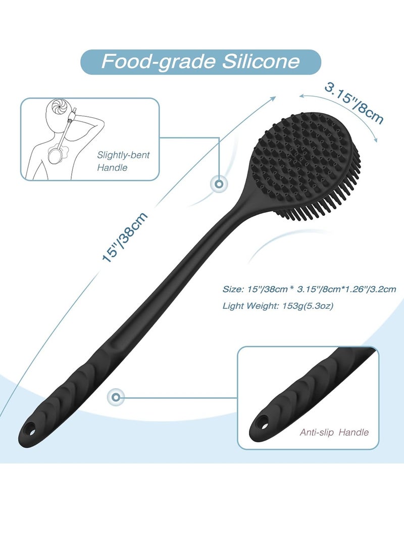 Manmihealth Silicone Back Scrubber(Thick Bristles) & Soft Bath Glove Set, Super-Exfoliating Body Scrubber & Super-Lathering Shower Brush Combination, with a Free Hook.(Black)