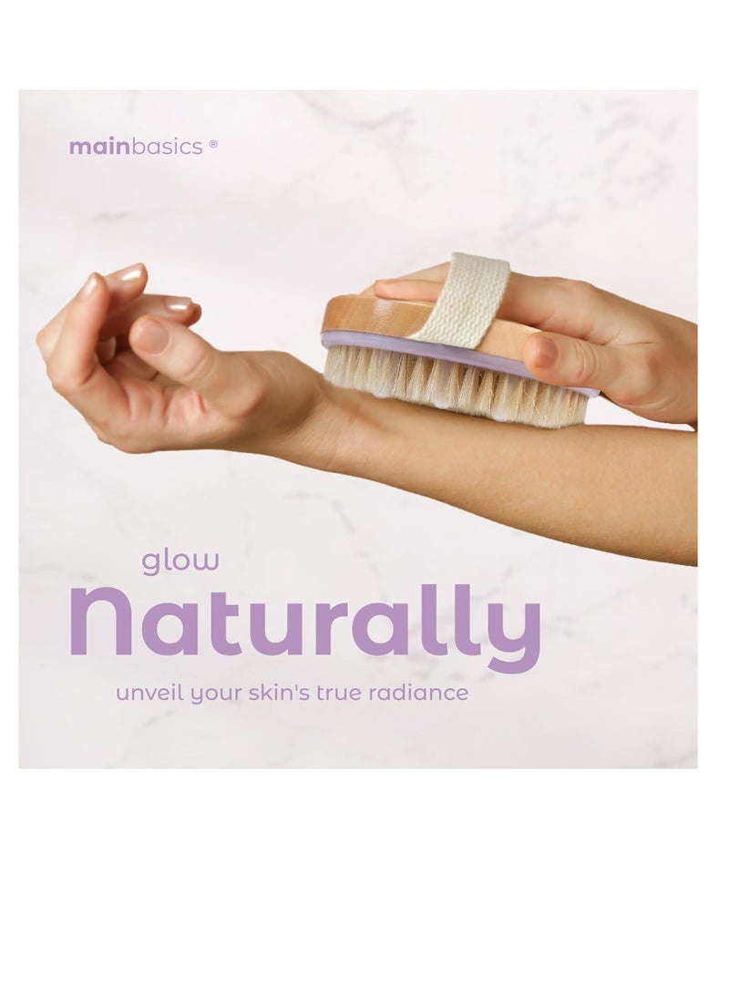 MainBasics Dry Brushing Body Brush for Lymphatic Drainage, Dry Skin, Cellulite, Blood Circulation with Exfoliating Natural Bristles and Massage Nodes for Flawless Skin