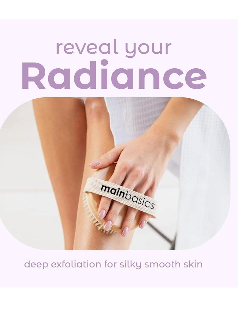 MainBasics Dry Brushing Body Brush for Lymphatic Drainage, Dry Skin, Cellulite, Blood Circulation with Exfoliating Natural Bristles and Massage Nodes for Flawless Skin
