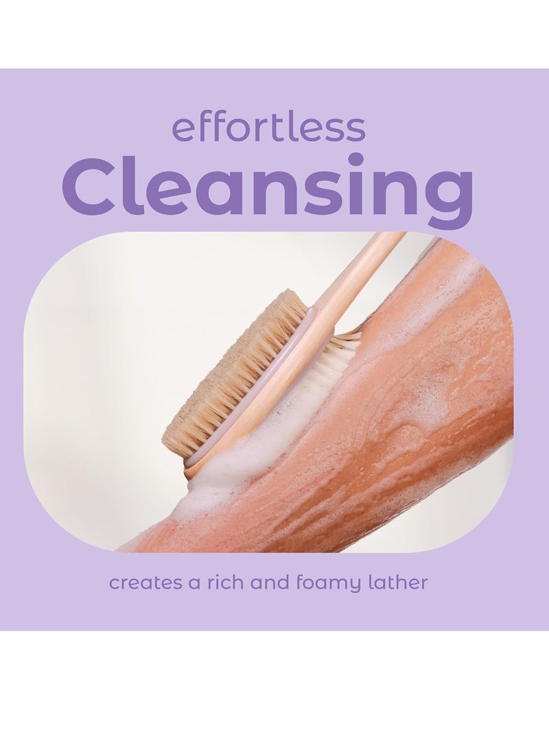MainBasics Back Scrubber for Shower - Wooden Dual-Sided Bath Brush with Long Handle, Soft & Exfoliating Body Brush (Lavender)