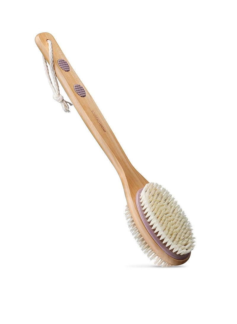 MainBasics Back Scrubber for Shower - Wooden Dual-Sided Bath Brush with Long Handle, Soft & Exfoliating Body Brush (Lavender)