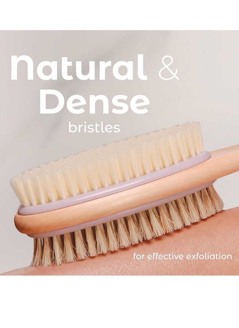 MainBasics Back Scrubber for Shower - Wooden Dual-Sided Bath Brush with Long Handle, Soft & Exfoliating Body Brush (Lavender)