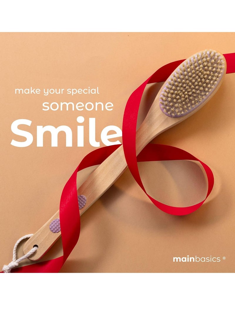 MainBasics Back Scrubber for Shower - Wooden Dual-Sided Bath Brush with Long Handle, Soft & Exfoliating Body Brush (Lavender)