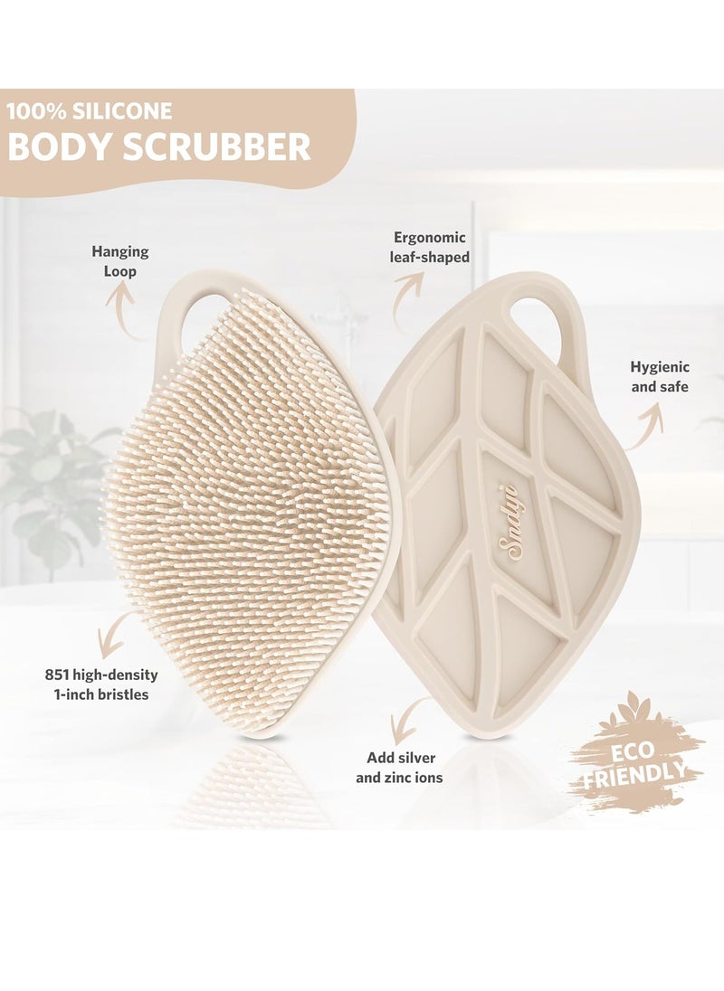 Sndyi Silicone Body Scrubber, Gentle Exfoliating Body Scrubber for Sensitive Skin, Leaf Shaped Shower Scrubber for Body with Lathering Bristles, Silicone Loofah Body Brush for Showering, Oatmeal