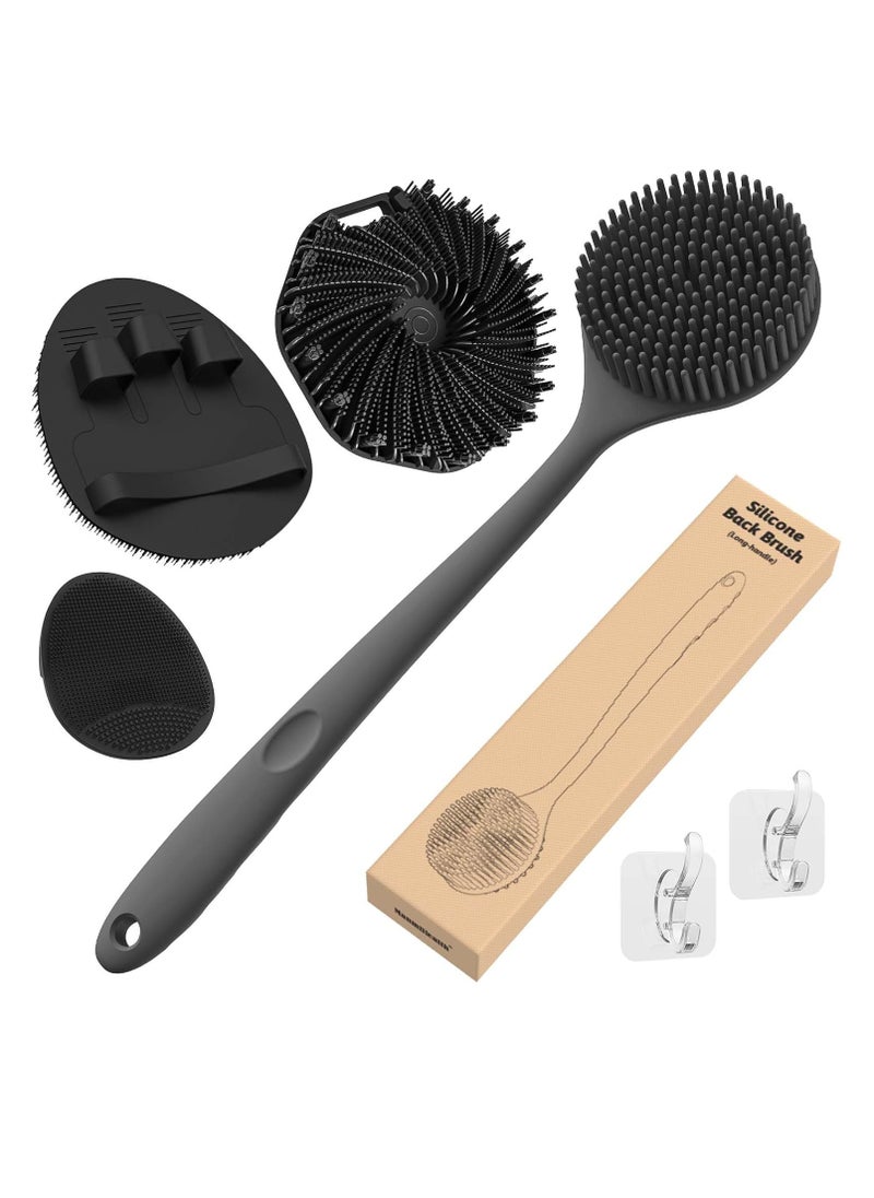 Manmihealth Silicone Back Scrubber & Soft Bath Glove Set 4 PCS(Thick Bristles), Super-Exfoliating Body Scrubber & Super-Lathering Shower Brush Combination, with 2 Free Hooks (Black)