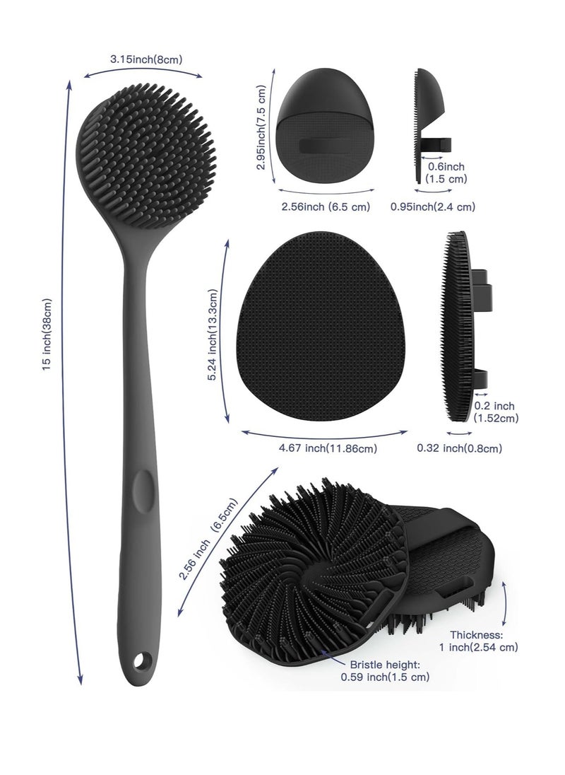 Manmihealth Silicone Back Scrubber & Soft Bath Glove Set 4 PCS(Thick Bristles), Super-Exfoliating Body Scrubber & Super-Lathering Shower Brush Combination, with 2 Free Hooks (Black)