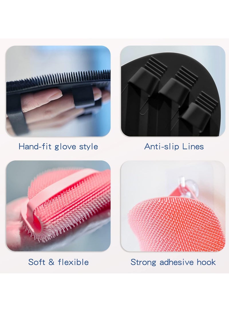 Manmihealth Silicone Back Scrubber & Soft Bath Glove Set 4 PCS(Thick Bristles), Super-Exfoliating Body Scrubber & Super-Lathering Shower Brush Combination, with 2 Free Hooks (Black)