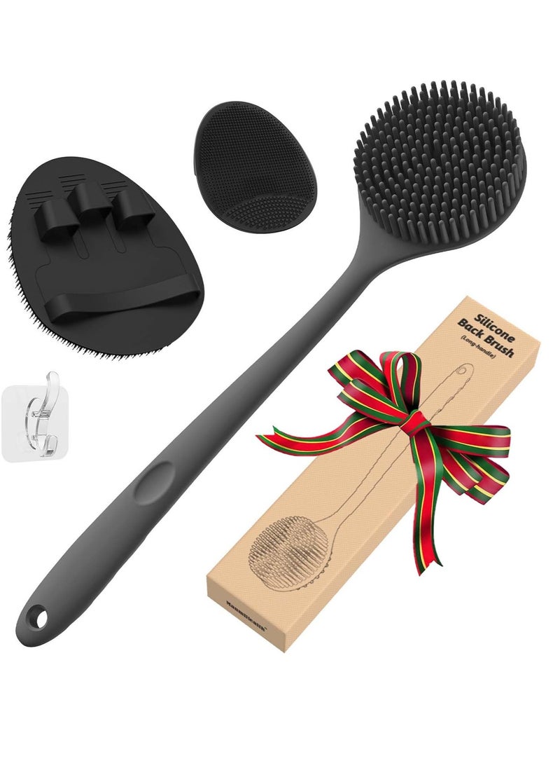 Manmihealth Silicone Back Scrubber (Thick Bristles) & Bath Glove & Face Brush Set(3PCS), Super-Exfoliating & Lathering Body Scrubber, Shower Brush, Face Scrubber Combination, with a Free Hook.(Black)