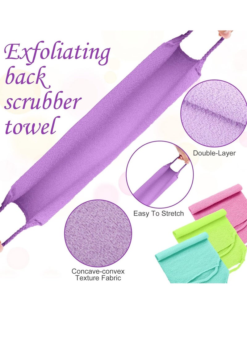 Moukeren Exfoliating Back Scrubber with Handles 4 Packs Nylon Back Exfoliator Extended Length Back Washers Scrubbers Stretchable Pull Strap(Pink, Blue, Fluorescent Green, Purple)