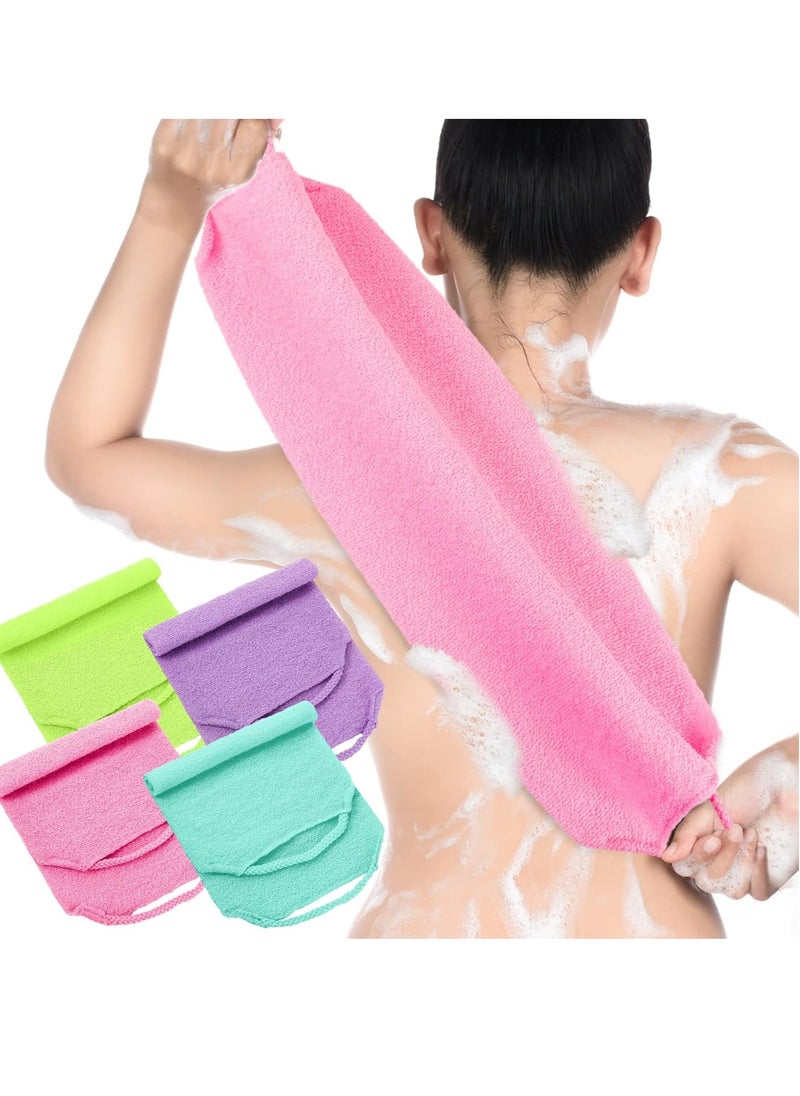 Moukeren Exfoliating Back Scrubber with Handles 4 Packs Nylon Back Exfoliator Extended Length Back Washers Scrubbers Stretchable Pull Strap(Pink, Blue, Fluorescent Green, Purple)