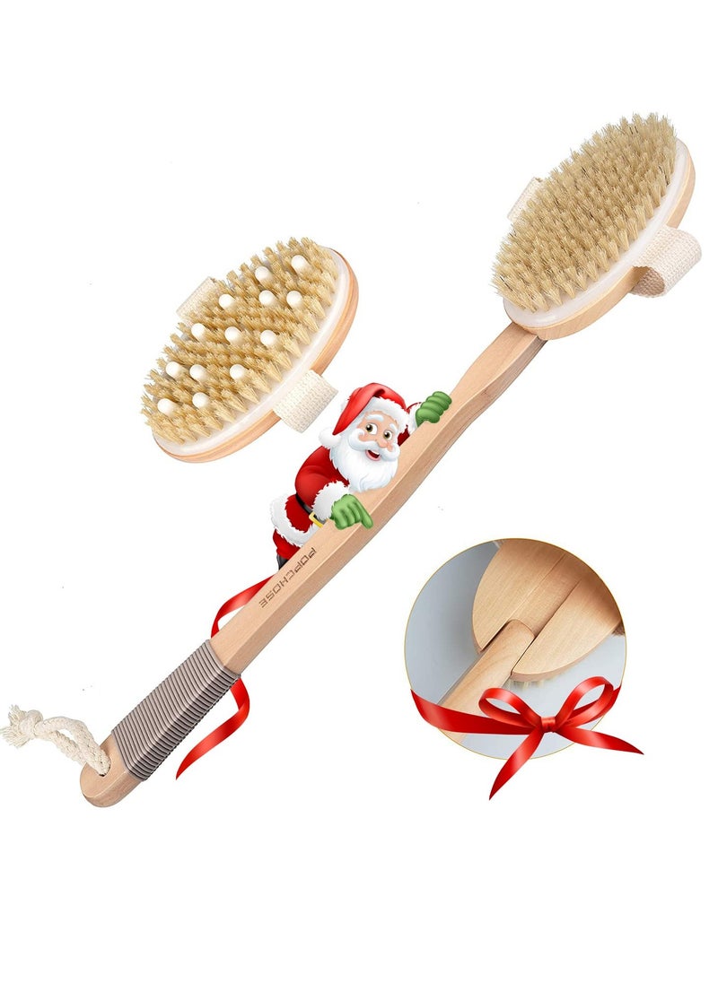 Dry Brushing Body Brush, POPCHOSE Body Scrubber for Men Women, Back Scrubber for Shower, Natural Bristle Exfoliator Scrubber for Body Cellulite and Lymphatic, Long Handle, Detachable, Dual Brush Heads