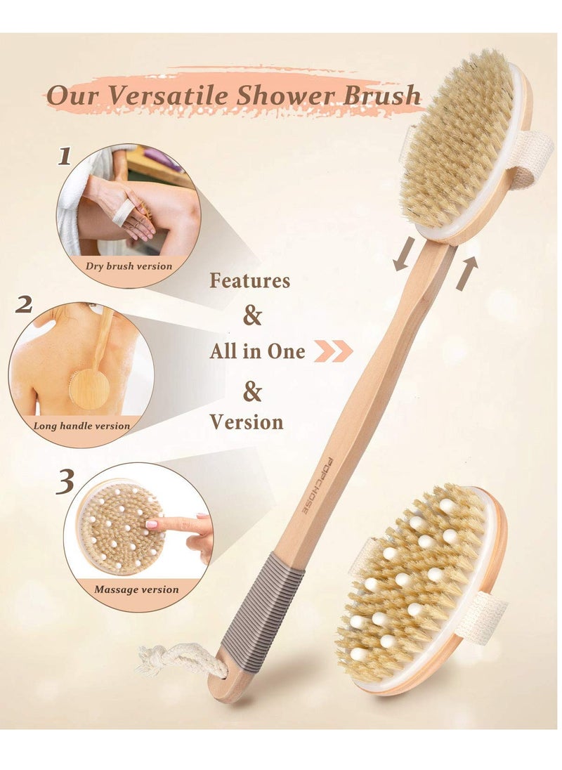 Dry Brushing Body Brush, POPCHOSE Body Scrubber for Men Women, Back Scrubber for Shower, Natural Bristle Exfoliator Scrubber for Body Cellulite and Lymphatic, Long Handle, Detachable, Dual Brush Heads
