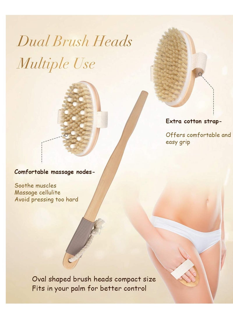 Dry Brushing Body Brush, POPCHOSE Body Scrubber for Men Women, Back Scrubber for Shower, Natural Bristle Exfoliator Scrubber for Body Cellulite and Lymphatic, Long Handle, Detachable, Dual Brush Heads
