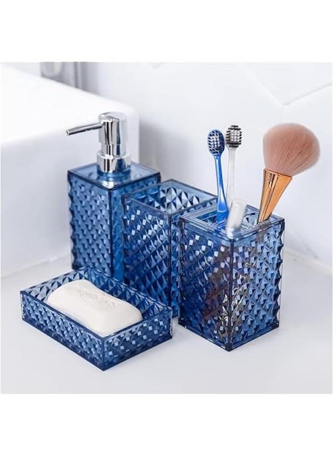 Premium Bathroom Accessory Set,4 Pcs Modern Glass Bathroom Decor Vanity Organizer, Lotion Soap Dispenser, Soap Dish, Toothbrush Holder, Tumbler,Perfect for Bathroom Theme Gift (Blue)