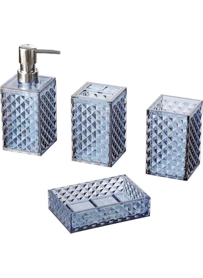 Premium Bathroom Accessory Set,4 Pcs Modern Glass Bathroom Decor Vanity Organizer, Lotion Soap Dispenser, Soap Dish, Toothbrush Holder, Tumbler,Perfect for Bathroom Theme Gift (Blue)