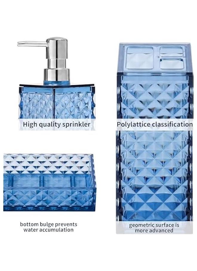 Premium Bathroom Accessory Set,4 Pcs Modern Glass Bathroom Decor Vanity Organizer, Lotion Soap Dispenser, Soap Dish, Toothbrush Holder, Tumbler,Perfect for Bathroom Theme Gift (Blue)