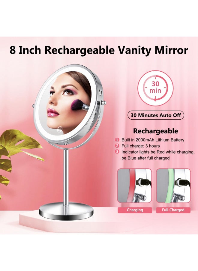 ALHAKIN Rechargeable Lighted Makeup Mirror, 1X/10X Magnifying Mirror with Light, 8 Inch Dimmable Makeup Mirror with 3 Color Lights, Double Sided Cosmetic Light up Mirror with Magnification, Chrome