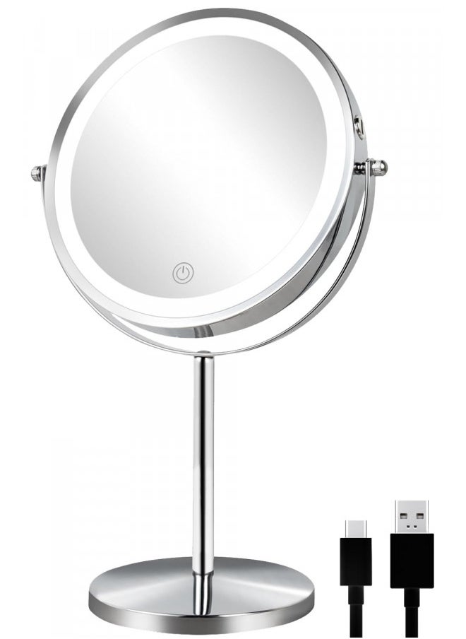 ALHAKIN Rechargeable Lighted Makeup Mirror, 1X/10X Magnifying Mirror with Light, 8 Inch Dimmable Makeup Mirror with 3 Color Lights, Double Sided Cosmetic Light up Mirror with Magnification, Chrome