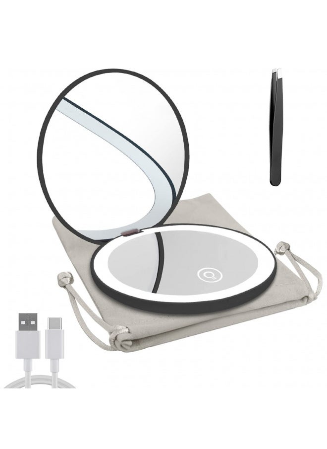 Milishow Compact Mirror with LED Light,1x/10x Magnifying Rechargeable Mirror,3.5in Pocket Mirror, Dimmable Travel Mirror for Purse,Handbag,Pocket,Handheld 2-Sided Makeup Mirror (Black)