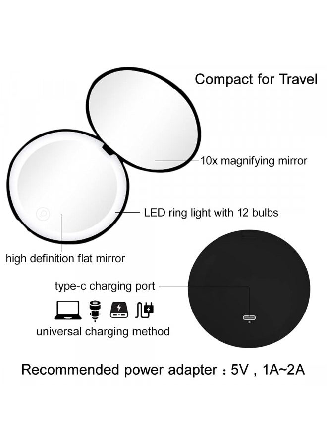 Milishow Compact Mirror with LED Light,1x/10x Magnifying Rechargeable Mirror,3.5in Pocket Mirror, Dimmable Travel Mirror for Purse,Handbag,Pocket,Handheld 2-Sided Makeup Mirror (Black)