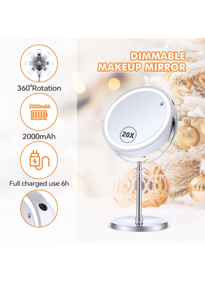 MIYADIVA Lighted Makeup Mirror, 20X Magnifying Mirror with Light, Double Sided Makeup Mirror with 20X/1X Magnification, 360°Rotation, 3 Colors Brightness Adjustable Vanity Mirror with 42 LEDs, 2000mAh