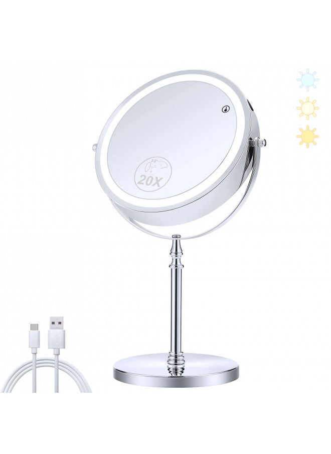 MIYADIVA Lighted Makeup Mirror, 20X Magnifying Mirror with Light, Double Sided Makeup Mirror with 20X/1X Magnification, 360°Rotation, 3 Colors Brightness Adjustable Vanity Mirror with 42 LEDs, 2000mAh