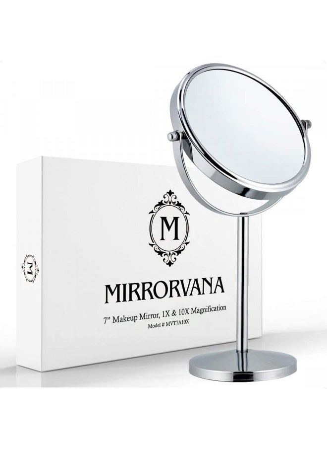 MIRRORVANA 10X Magnifying Makeup Mirror on Round Stand for Tabletop, Bedroom Vanity Desk and Bathroom Counter - Free Standing Double Sided 10X/1X Magnification Mirror - 7