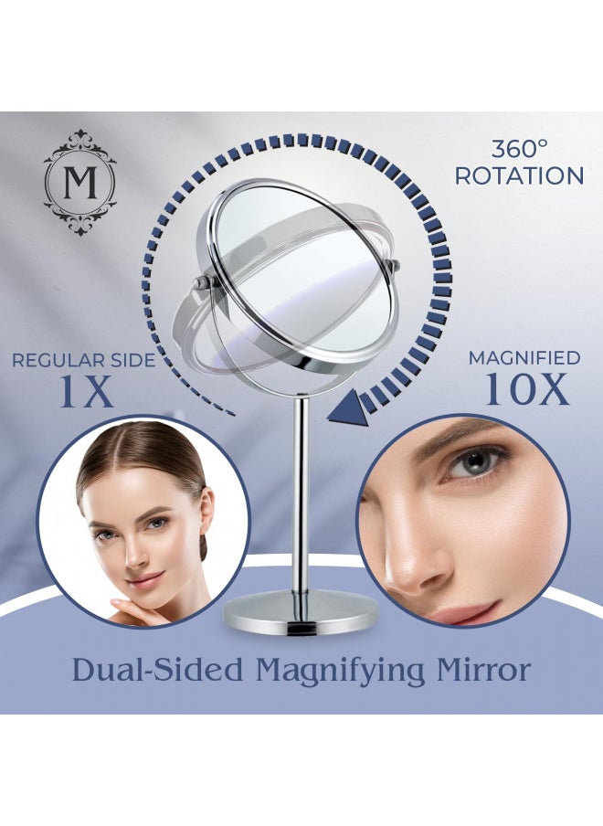 MIRRORVANA 10X Magnifying Makeup Mirror on Round Stand for Tabletop, Bedroom Vanity Desk and Bathroom Counter - Free Standing Double Sided 10X/1X Magnification Mirror - 7