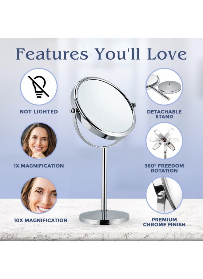 MIRRORVANA 10X Magnifying Makeup Mirror on Round Stand for Tabletop, Bedroom Vanity Desk and Bathroom Counter - Free Standing Double Sided 10X/1X Magnification Mirror - 7