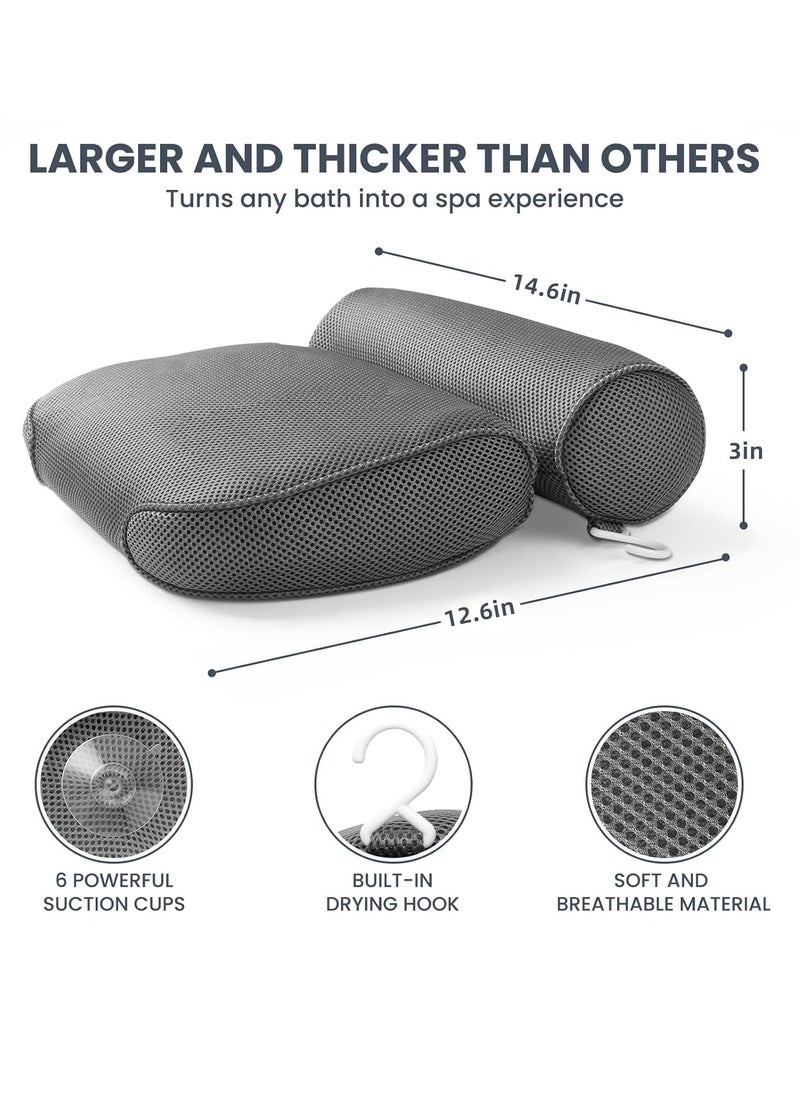 LuxStep Bath Pillow Bathtub Pillow with 6 Non-Slip Suction Cups,14.6x12.6 Inch, Extra Thick and Soft Air Mesh Pillow for Bath - Fits All Bathtub, Grey