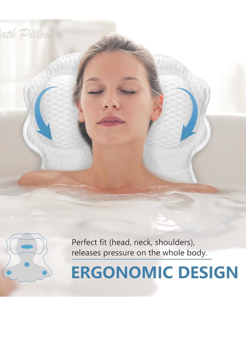 SetSail Bath Pillow, Relaxing Bath Pillows for Tub Neck and Back Support Soft 4D Breathable Air Mesh Ergonomic Bathtub Pillow with 6 Strong Suction Cups and Hook Luxury Bathroom Accessories,White