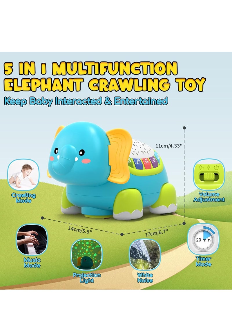 Baby Crawling Elephant Toys, Developmental Musical Toys with Light & Sound Projector, Montessori Tummy Time Toy for Boys ＆ Girls Gift