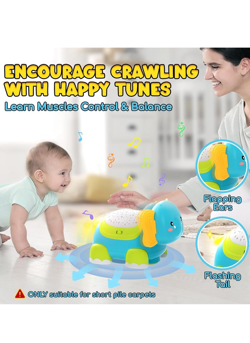 Baby Crawling Elephant Toys, Developmental Musical Toys with Light & Sound Projector, Montessori Tummy Time Toy for Boys ＆ Girls Gift