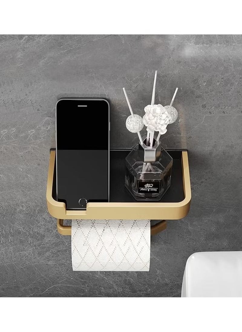 Toilet Paper Holder with Shelf Adhesive Wall Mounted No Drill Aluminium Alloy Stainless and Rustproof Dispenser Bathroom Organizer Storage Rack Matte Black Gold