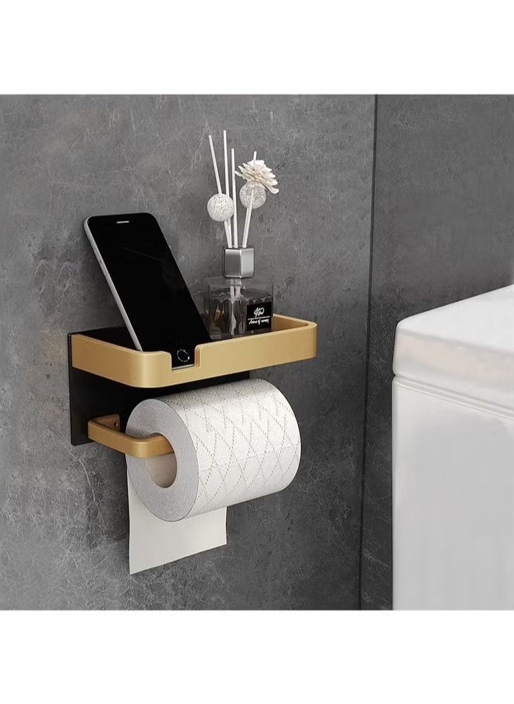 Toilet Paper Holder with Shelf Adhesive Wall Mounted No Drill Aluminium Alloy Stainless and Rustproof Dispenser Bathroom Organizer Storage Rack Matte Black Gold