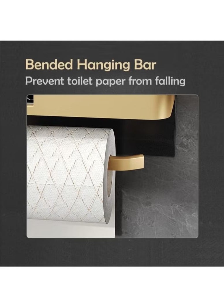 Toilet Paper Holder with Shelf Adhesive Wall Mounted No Drill Aluminium Alloy Stainless and Rustproof Dispenser Bathroom Organizer Storage Rack Matte Black Gold