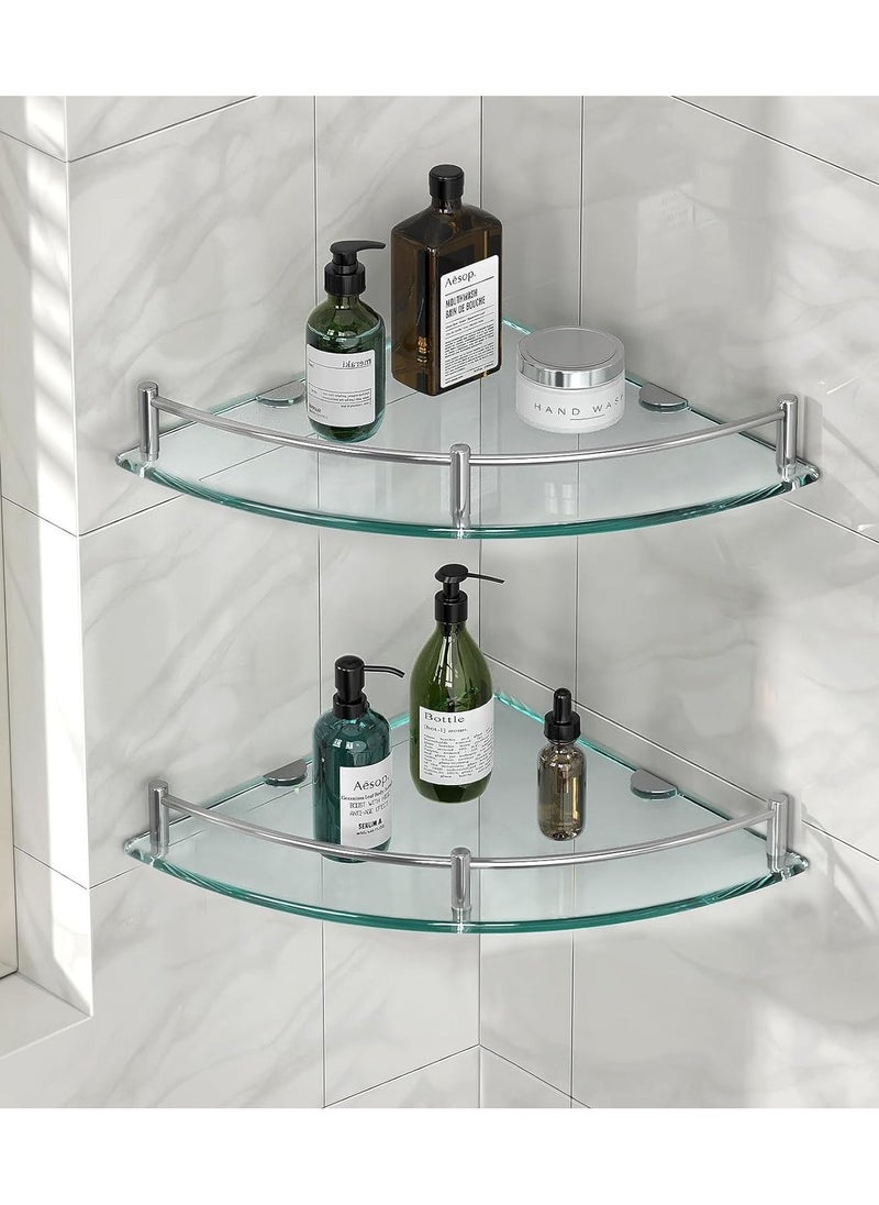 2 Pack Glass Shower Shelves Caddies Tempered Bathroom Glass Shelf with Rail Wall Mounted Drill Hole Shower Caddy Wall Mounted Bathroom Organizer for Corner Shower Shelf for Inside Shower