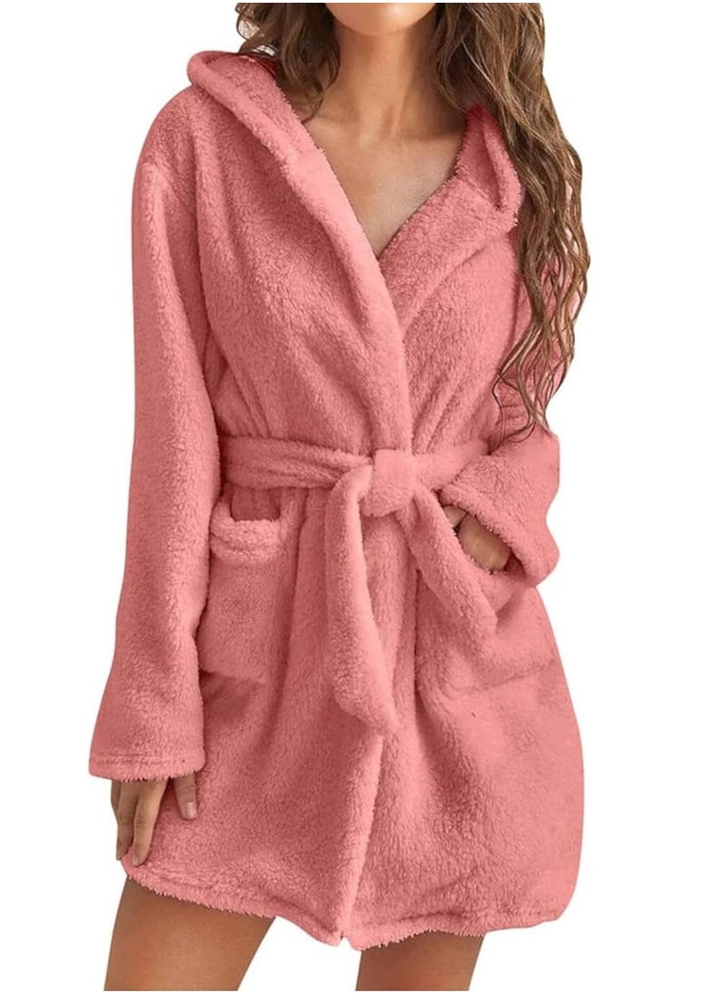 Women Hooded Bathrobe Fleece Lightweight Soft Plush Flannel Sleepwear Fleece Hooded Bathrobes Night Sleepwear Women's Mid Length Plush Robe