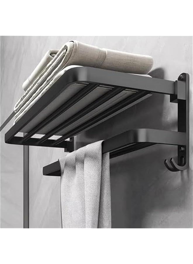 No Drilling Towel Rack Foldable Towel Shelf Towel Bar Towel Holder for Bathroom Wall, Matte Black Towel Holder Bathroom Accessories, Bathroom Towel Rack Wall Mounted Stainless Steel 16 Inch