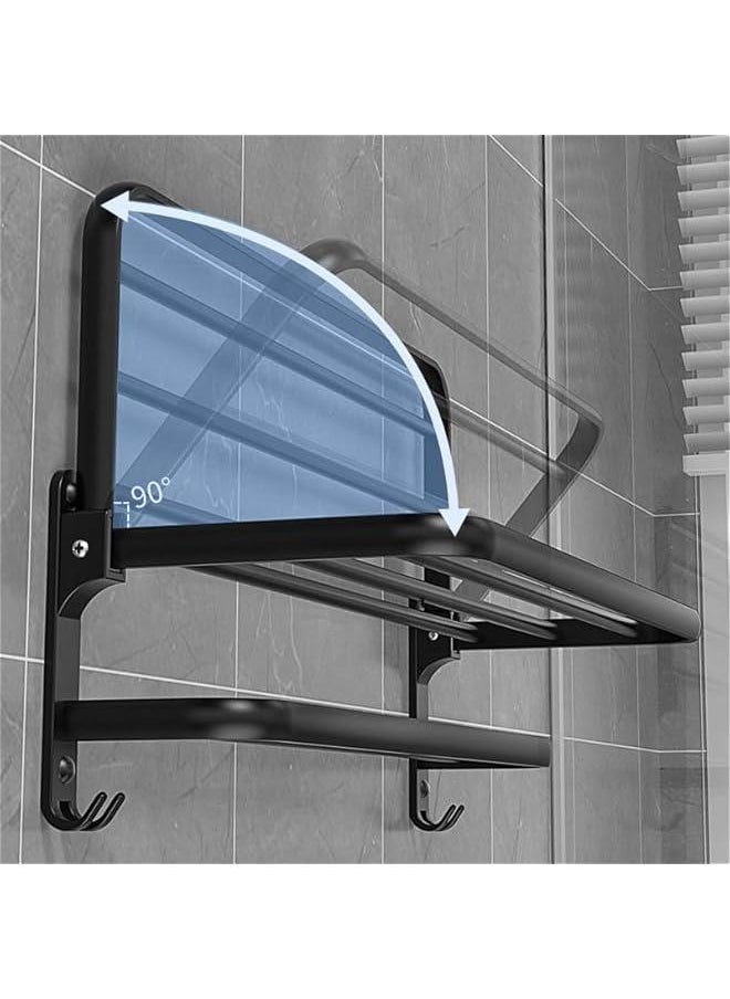 No Drilling Towel Rack Foldable Towel Shelf Towel Bar Towel Holder for Bathroom Wall, Matte Black Towel Holder Bathroom Accessories, Bathroom Towel Rack Wall Mounted Stainless Steel 16 Inch