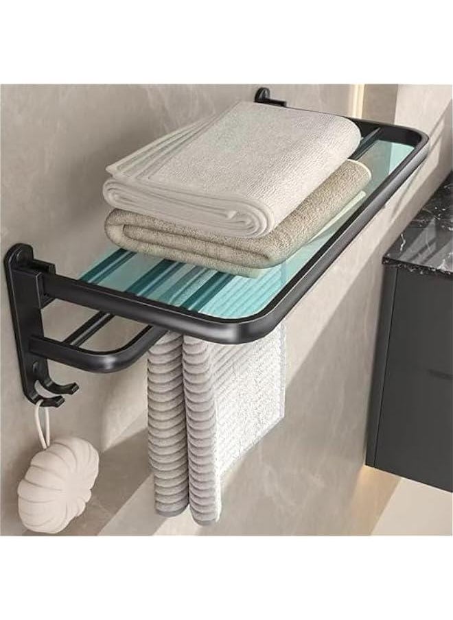 No Drilling Towel Rack Foldable Towel Shelf Towel Bar Towel Holder for Bathroom Wall, Matte Black Towel Holder Bathroom Accessories, Bathroom Towel Rack Wall Mounted Stainless Steel 16 Inch