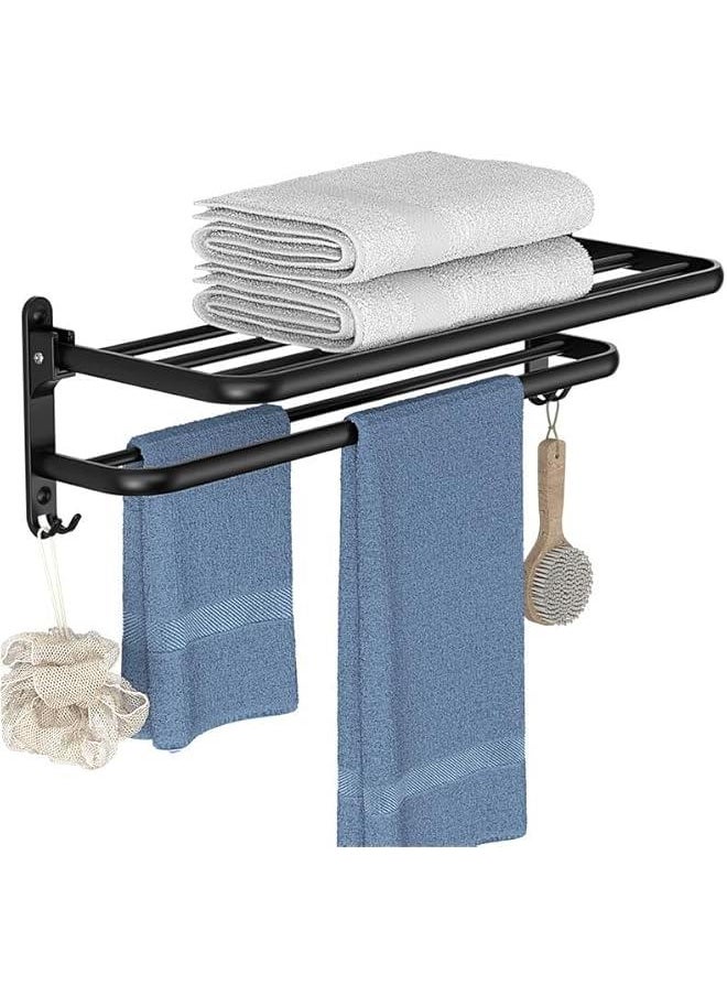 No Drilling Towel Rack Foldable Towel Shelf Towel Bar Towel Holder for Bathroom Wall, Matte Black Towel Holder Bathroom Accessories, Bathroom Towel Rack Wall Mounted Stainless Steel 16 Inch