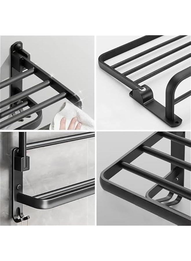 No Drilling Towel Rack Foldable Towel Shelf Towel Bar Towel Holder for Bathroom Wall, Matte Black Towel Holder Bathroom Accessories, Bathroom Towel Rack Wall Mounted Stainless Steel 16 Inch